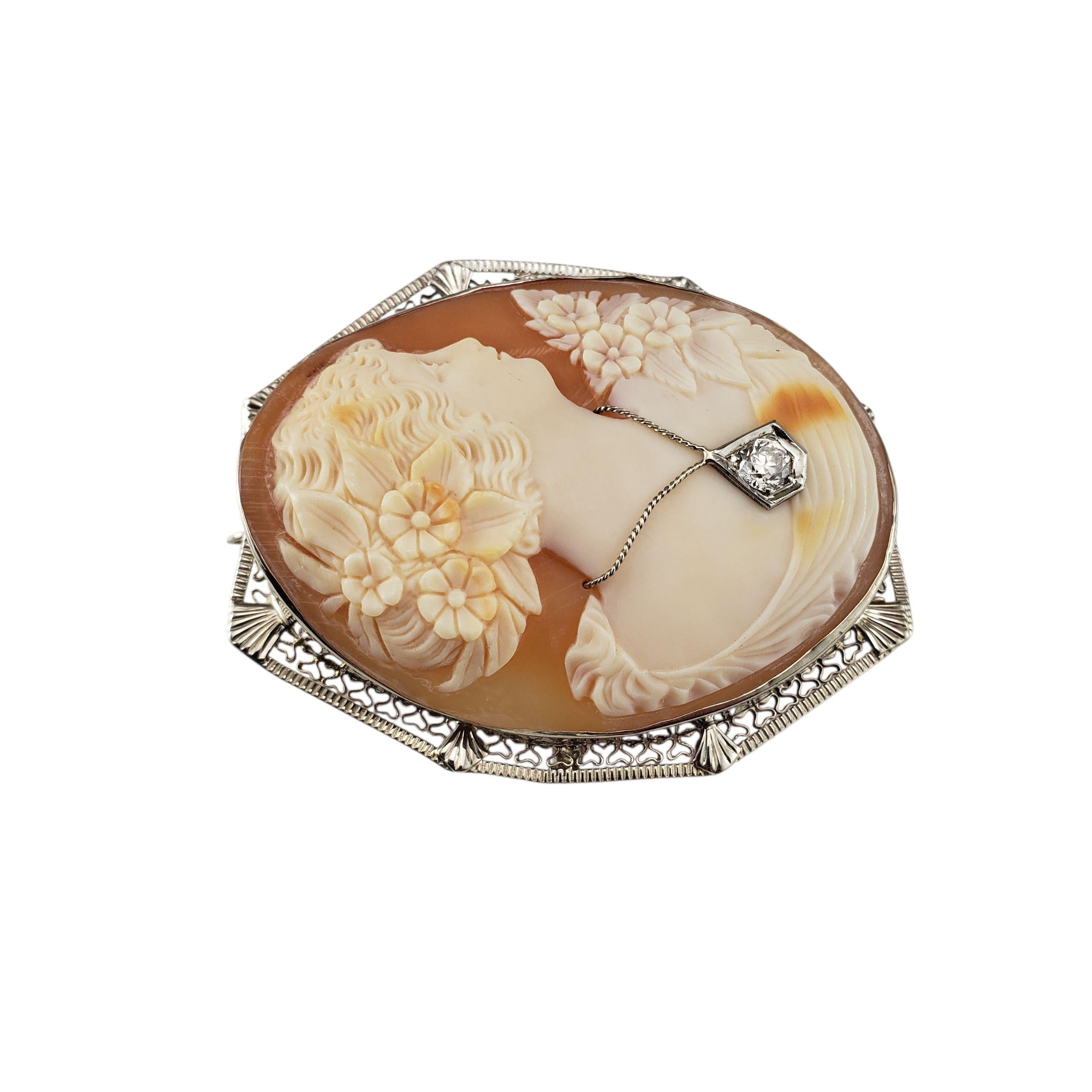 14K Weißgold und Diamant-Kamee-Brosche/Anhänger

Diese elegante Vintage-Kamee zeigt das fein geschnitzte Profil einer schönen Dame mit Blumen im Haar. Das Schmuckstück ist in einen filigranen Rahmen aus 14-karätigem Weißgold gefasst und wird von