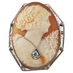14K White Gold and Diamond Cameo Brooch/Pendant #23321