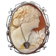 14K White Gold and Diamond Cameo Brooch Pendant #23615