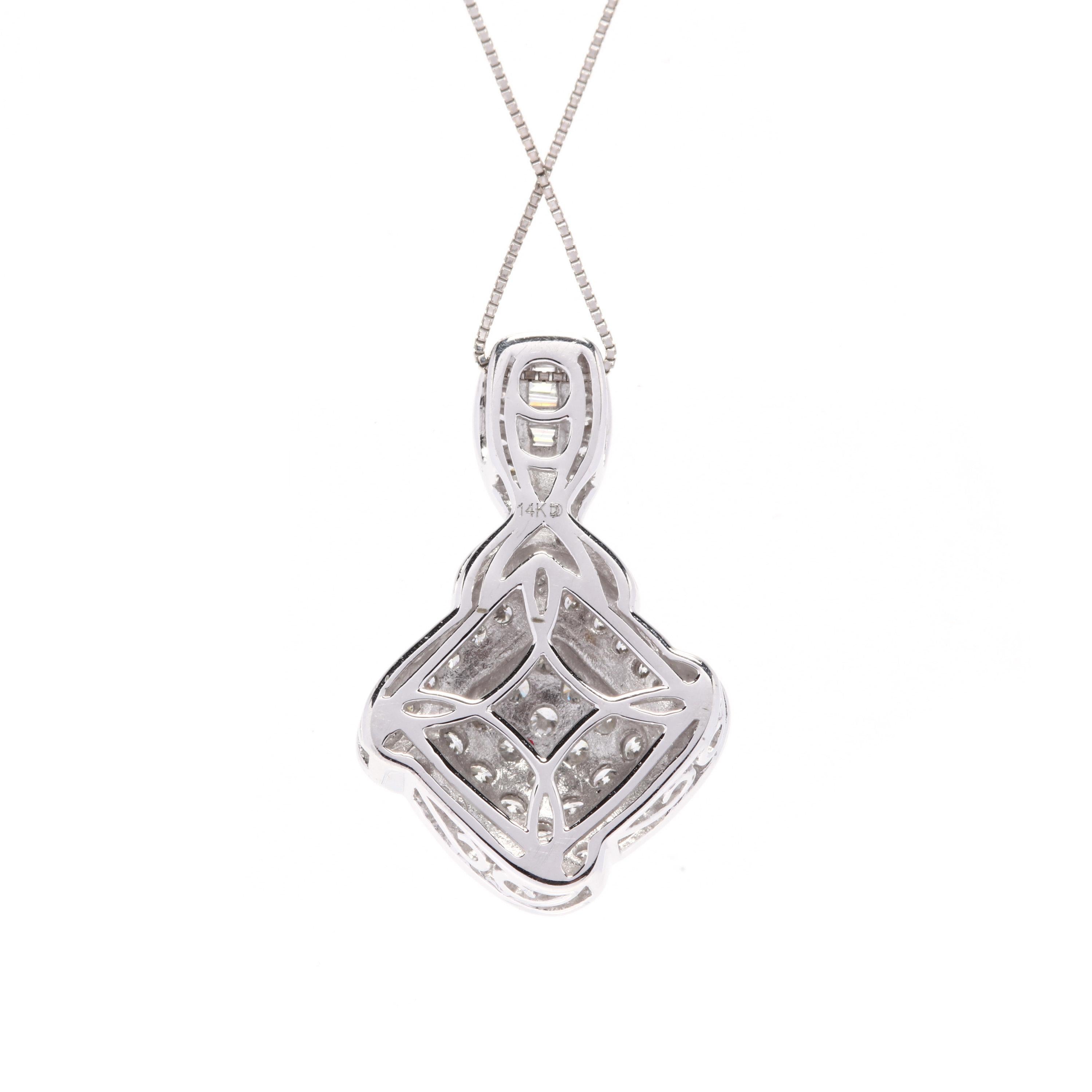 14k white gold and diamond cluster pendant necklace. A diamond pendant with a detailed border and bale. It's on a dainty box chain and would layer well with other necklaces. Timeless and classy, a necklace like this with over a carat of diamonds