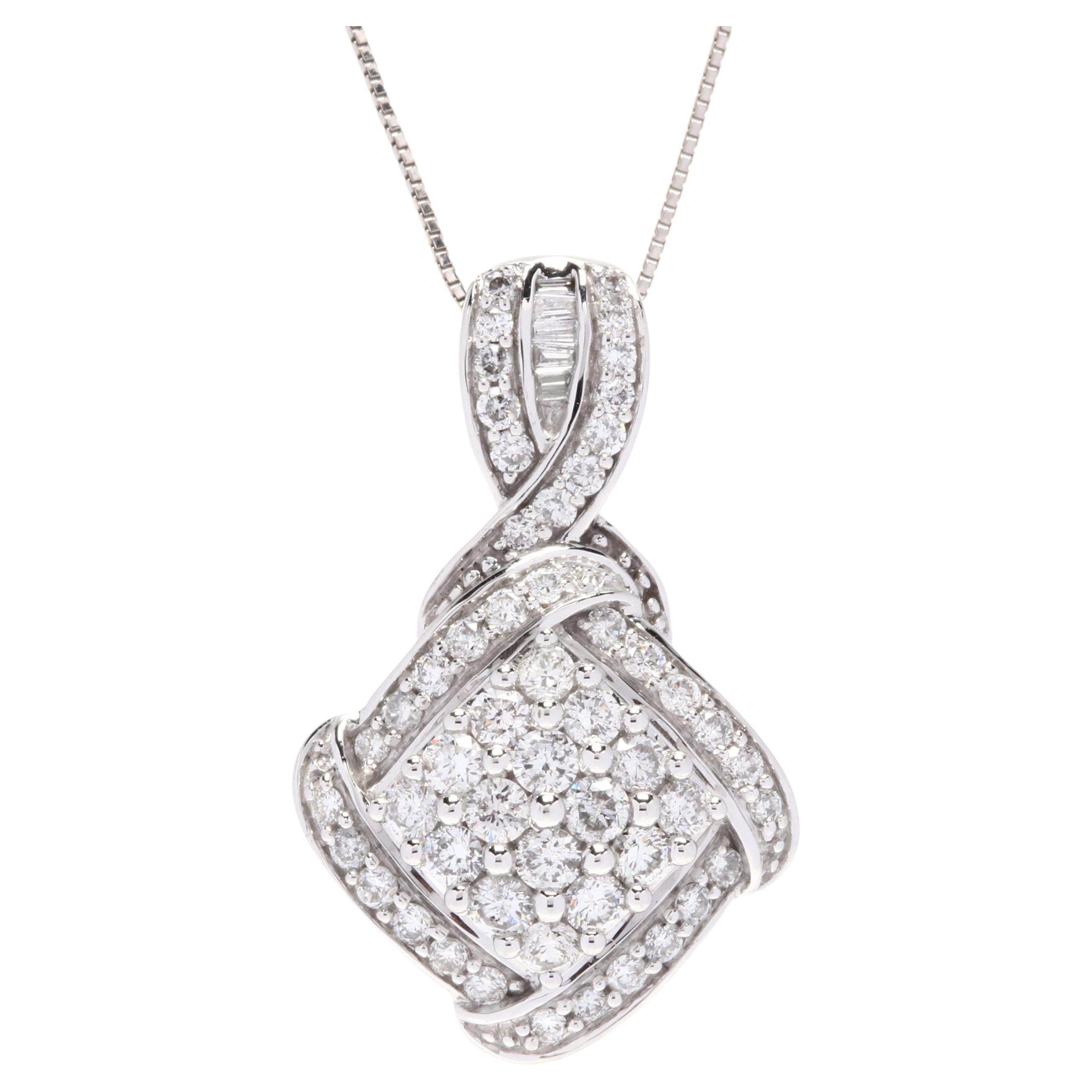 14k White Gold and Diamond Cluster Pendant Necklace For Sale