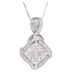 Retro 14k White Gold and Diamond Cluster Pendant Necklace