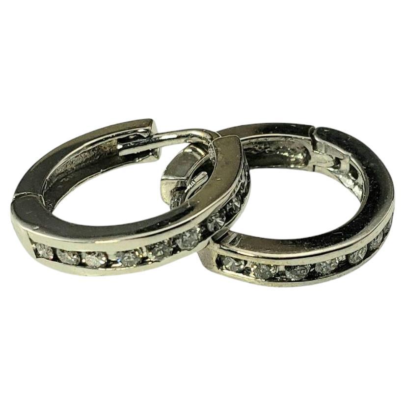 14K White Gold and Diamond Hoop Huggie Earrings #20885 For Sale