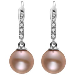 14K White Gold and Diamond Lever-Back Earrings with Freshwater Pink Pearls