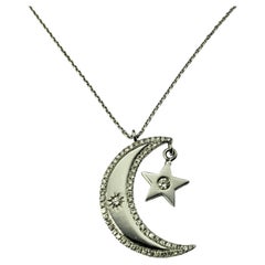 Antique 14K White Gold and Diamond Moon and Star Pendant Necklace #15497