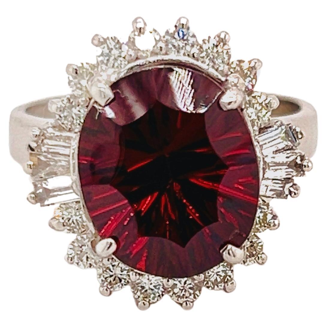 14K White Gold and Diamond Ring with Portuguese Cut Oval Garnet Center For Sale