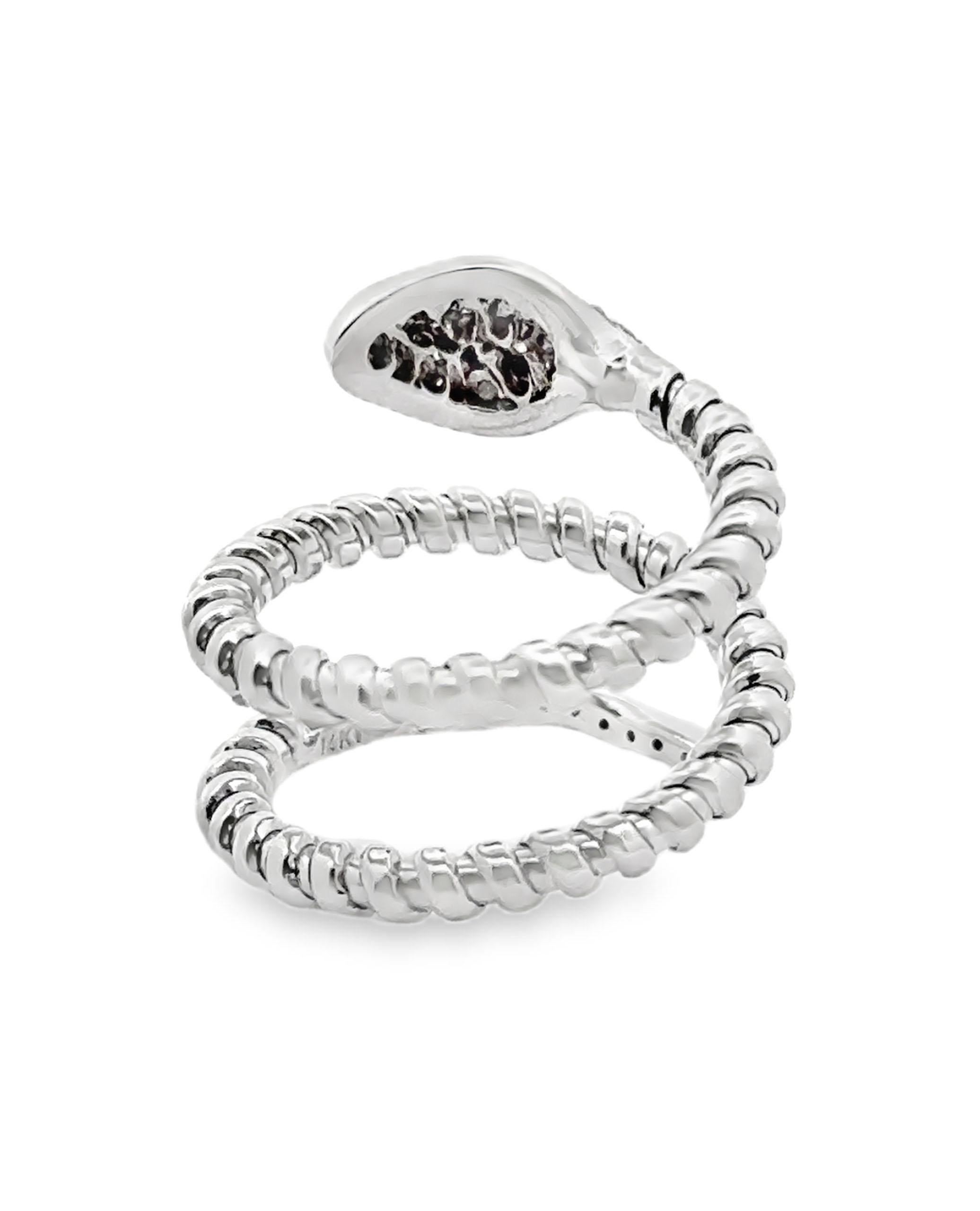 Contemporary 14K White Gold and Diamond Snake Wrap Ring- Size 5.75 For Sale