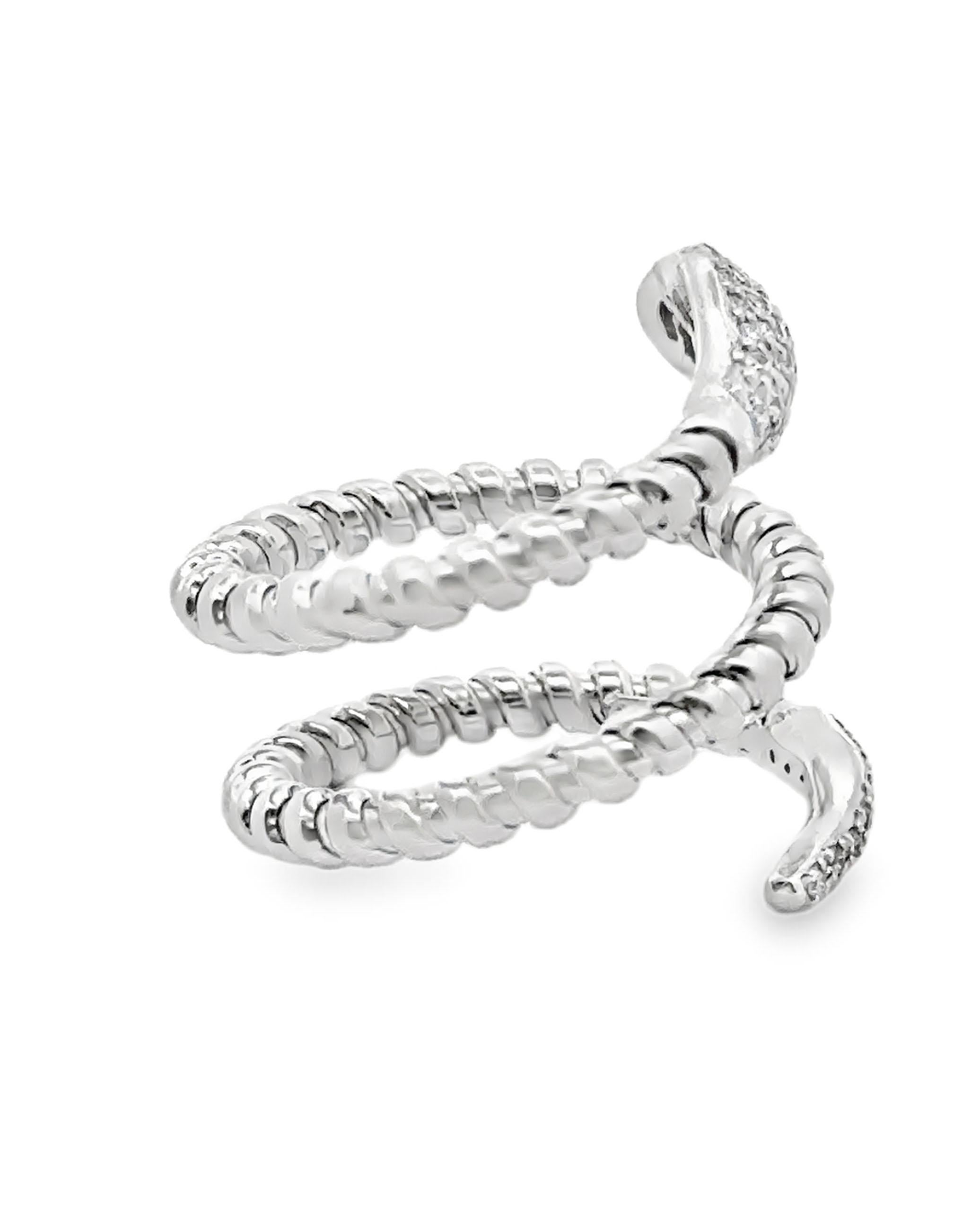 Round Cut 14K White Gold and Diamond Snake Wrap Ring- Size 5.75 For Sale