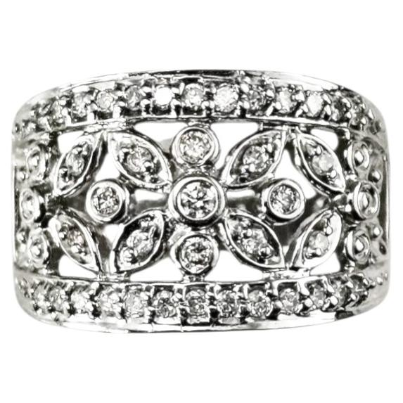 14K White Gold and Diamond Wide Floral Band Ring Size 8 #24887