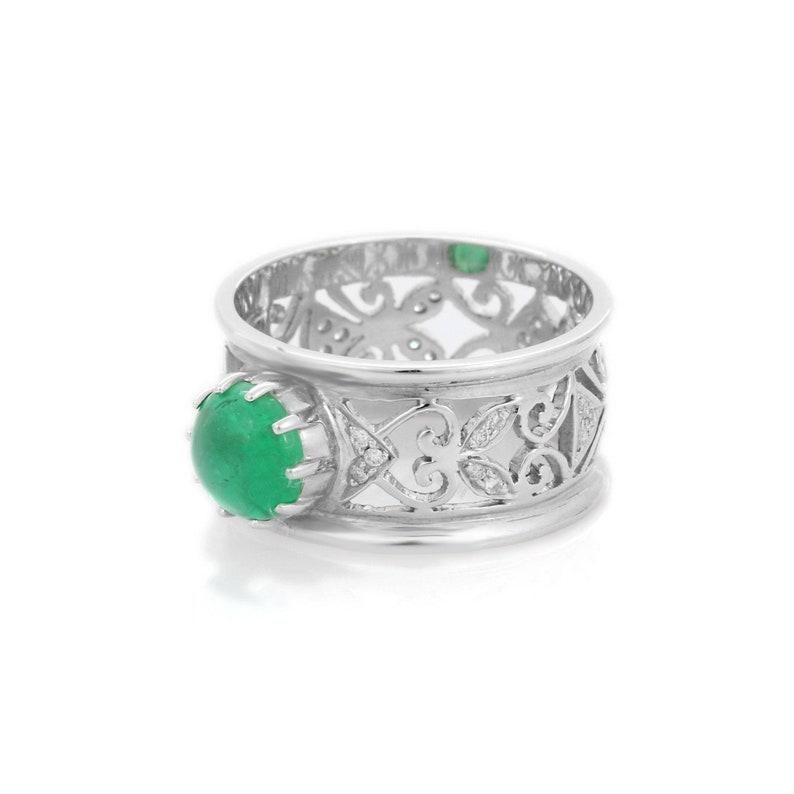 Round Cut Emerald Diamond Filigree Shank Band Ring in 14k Solid White Gold For Sale