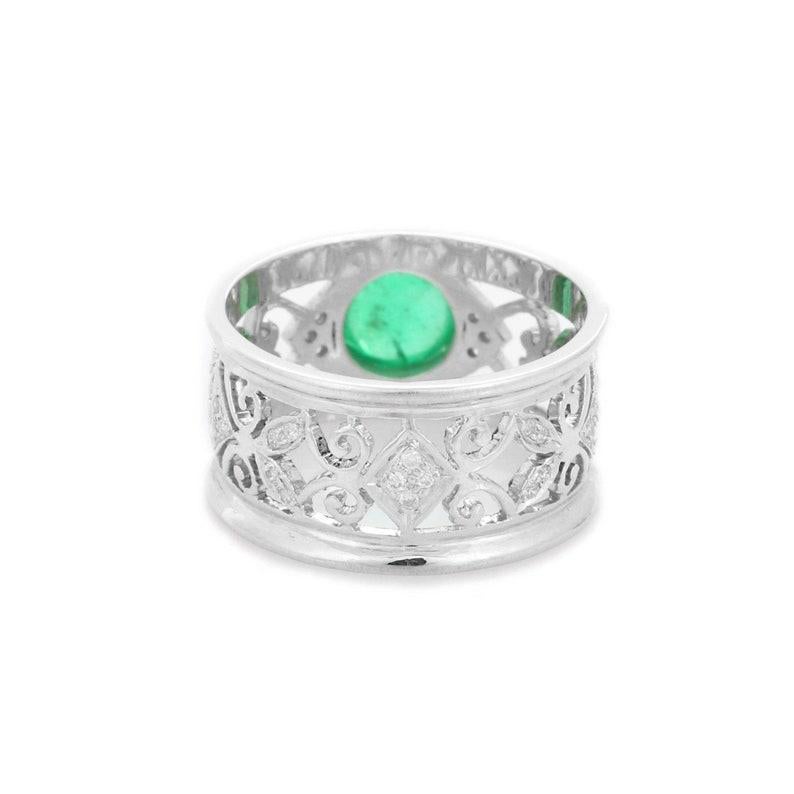 Emerald Diamond Filigree Shank Band Ring in 14k Solid White Gold In New Condition For Sale In Houston, TX