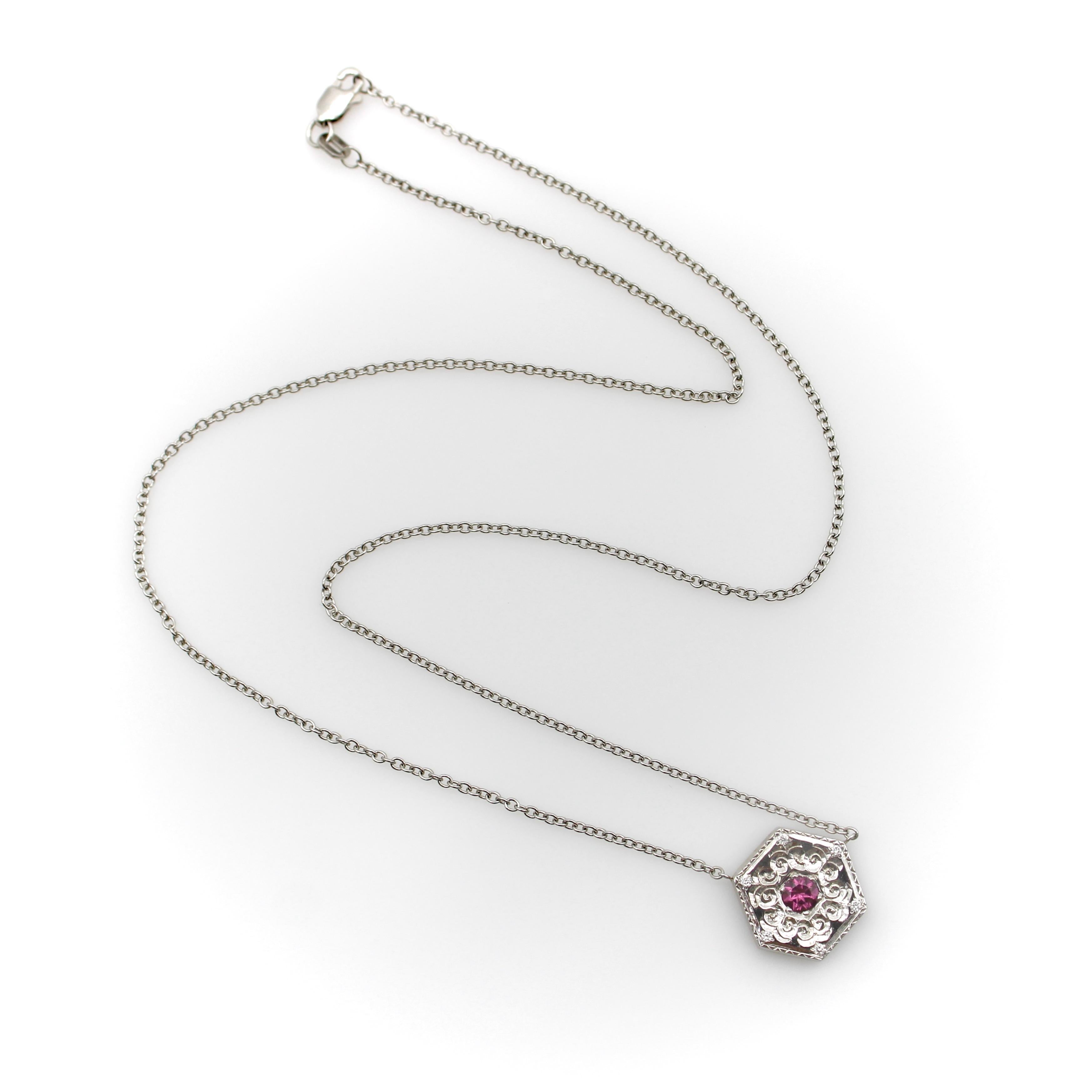 Contemporary 14K White Gold and Pink Tourmaline Medallion Necklace For Sale