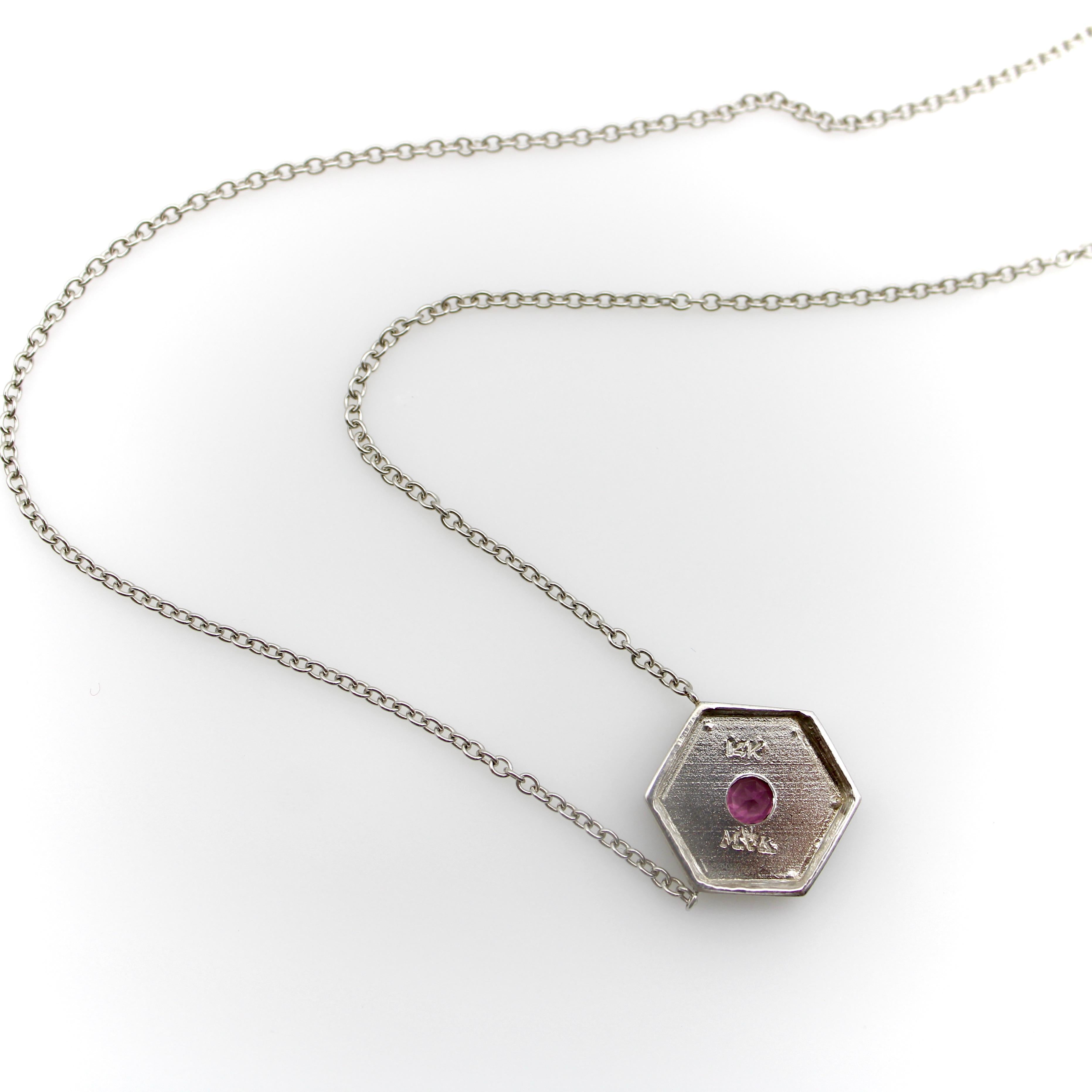Brilliant Cut 14K White Gold and Pink Tourmaline Medallion Necklace For Sale