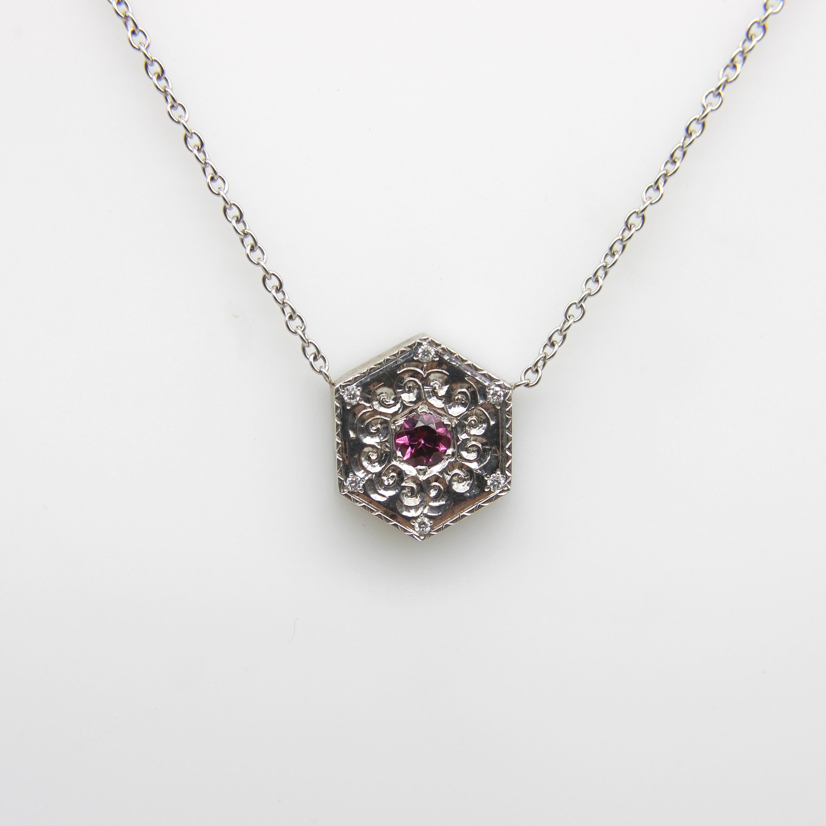 Women's or Men's 14K White Gold and Pink Tourmaline Medallion Necklace For Sale