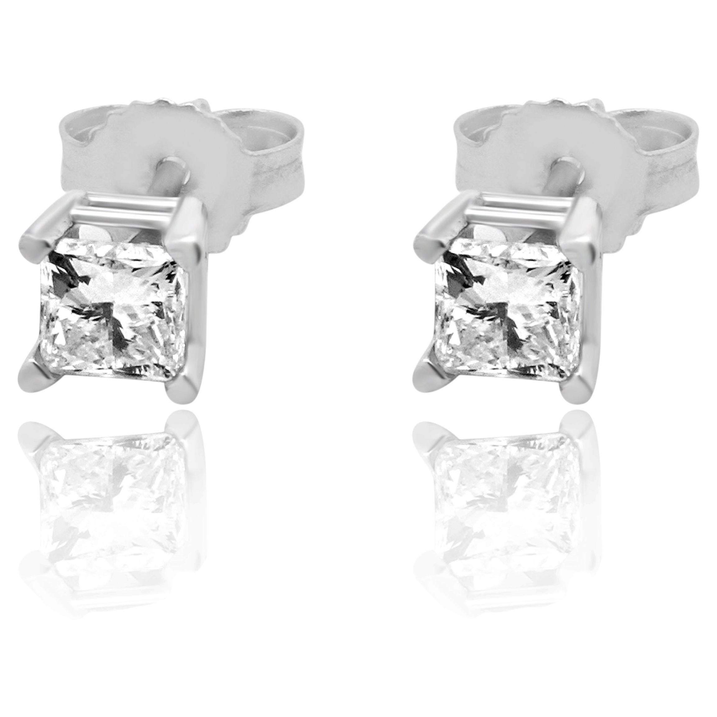 14K White Gold and Prong Set Princess Cut Diamond Stud Earrings