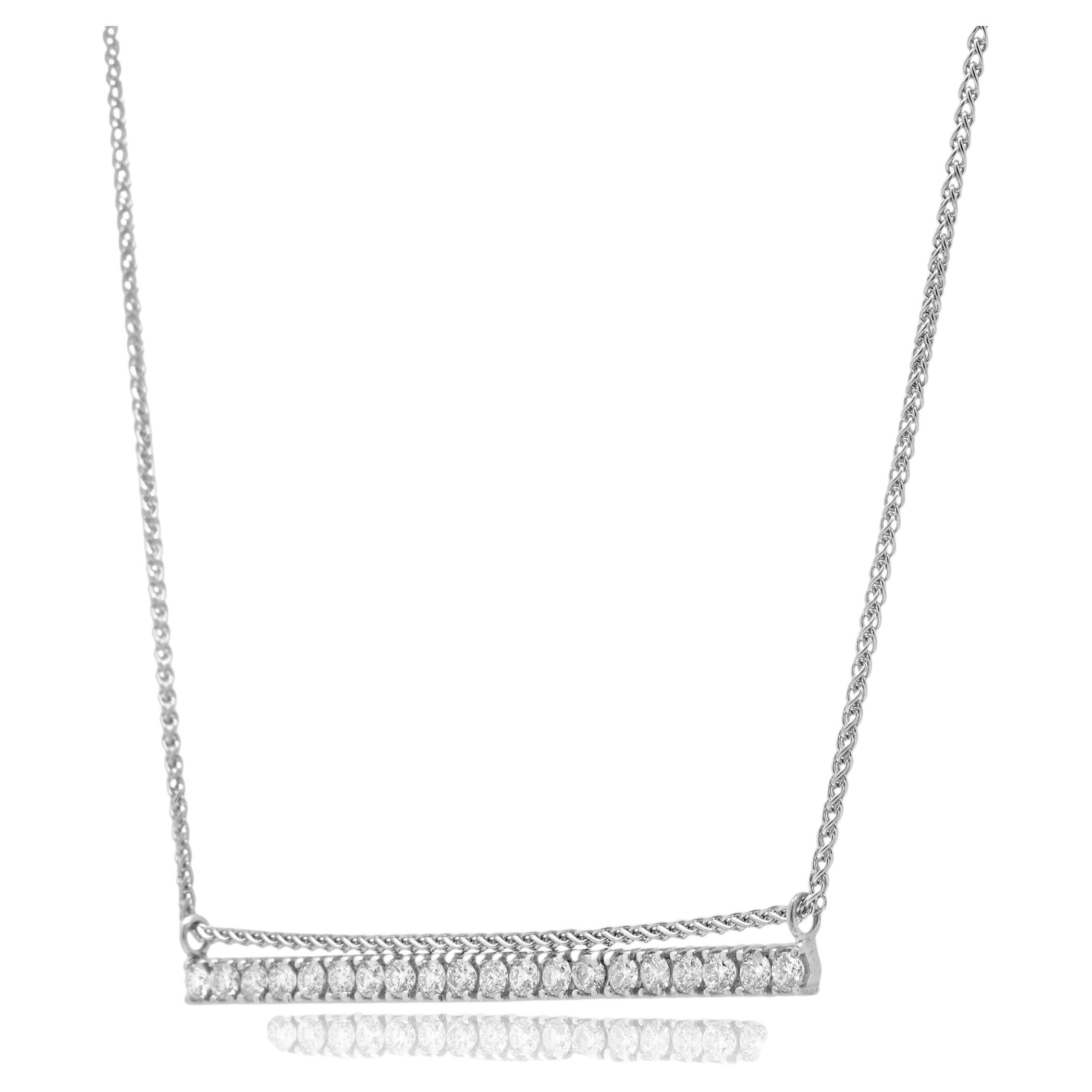 14K White Gold and Round Diamond Bar Necklace 16.0"