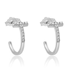 14K White Gold and Round Diamond Cross Hoop Earrings