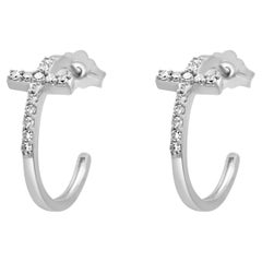 14K White Gold and Round Diamond Cross Hoop Earrings