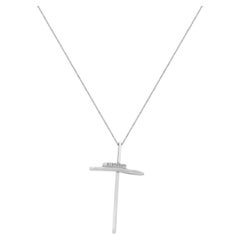 14K White Gold and Round Diamond Cross Pendant Necklace 17.0"