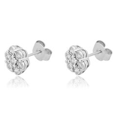 14K White Gold and Round Diamond Flower Cluster Stud Earrings