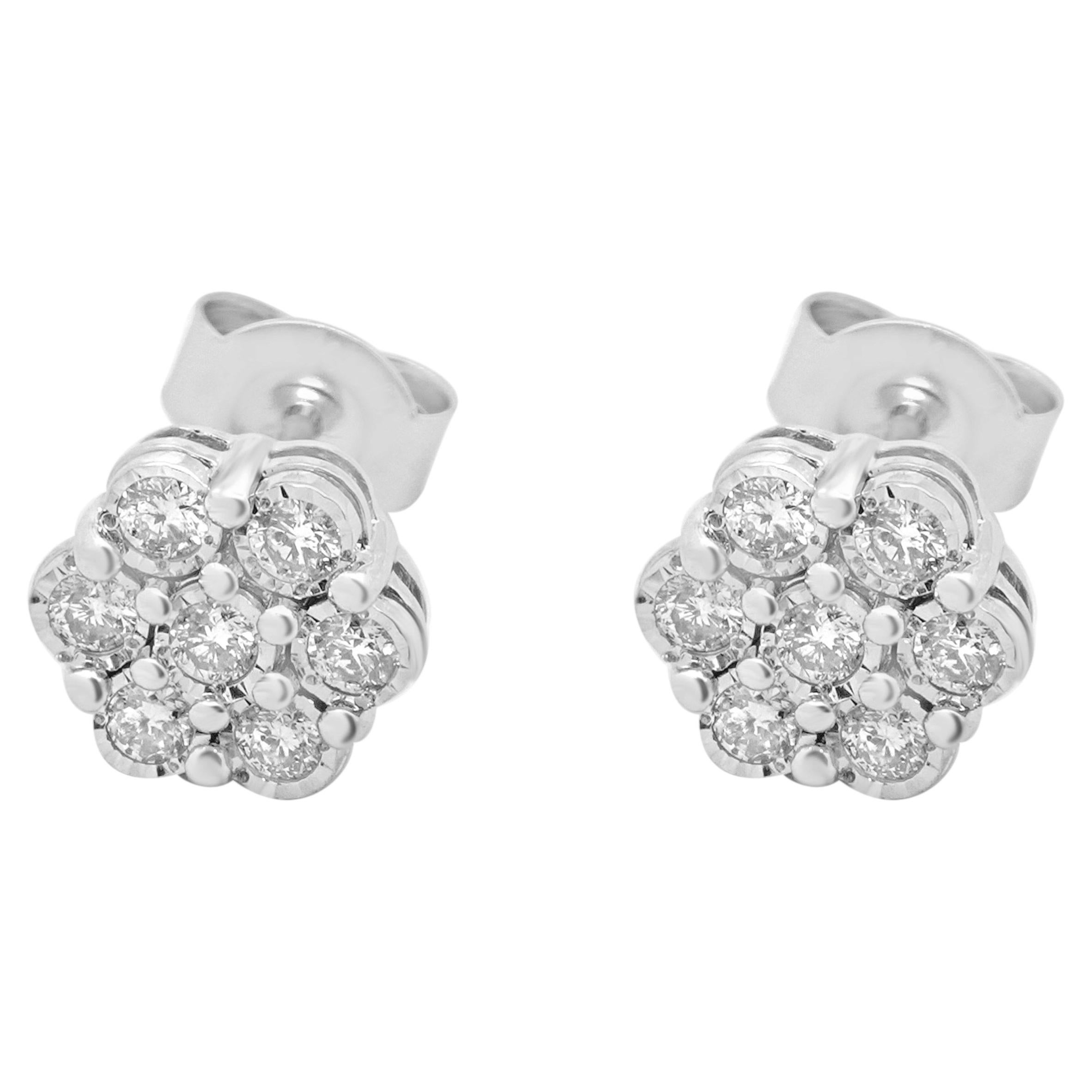 14K White Gold and Round Diamond Flower Cluster Stud Earrings For Sale