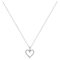 14K White Gold and Round Diamond Open Heart Pendant Necklace 18.0"