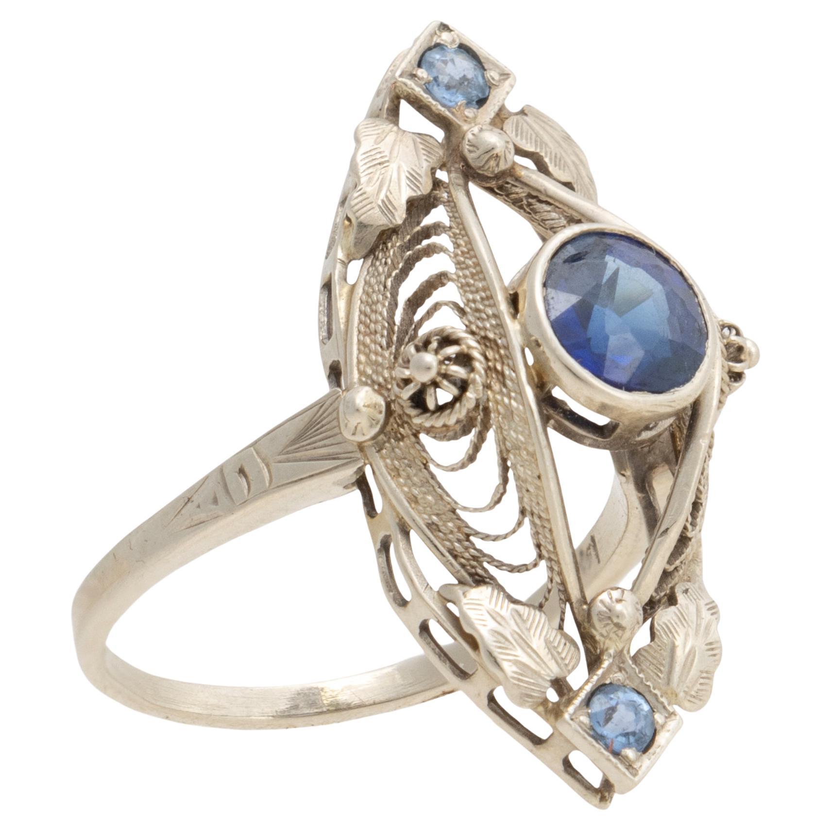 14K White Gold and Sapphire Art Nouveau Cocktail Ring