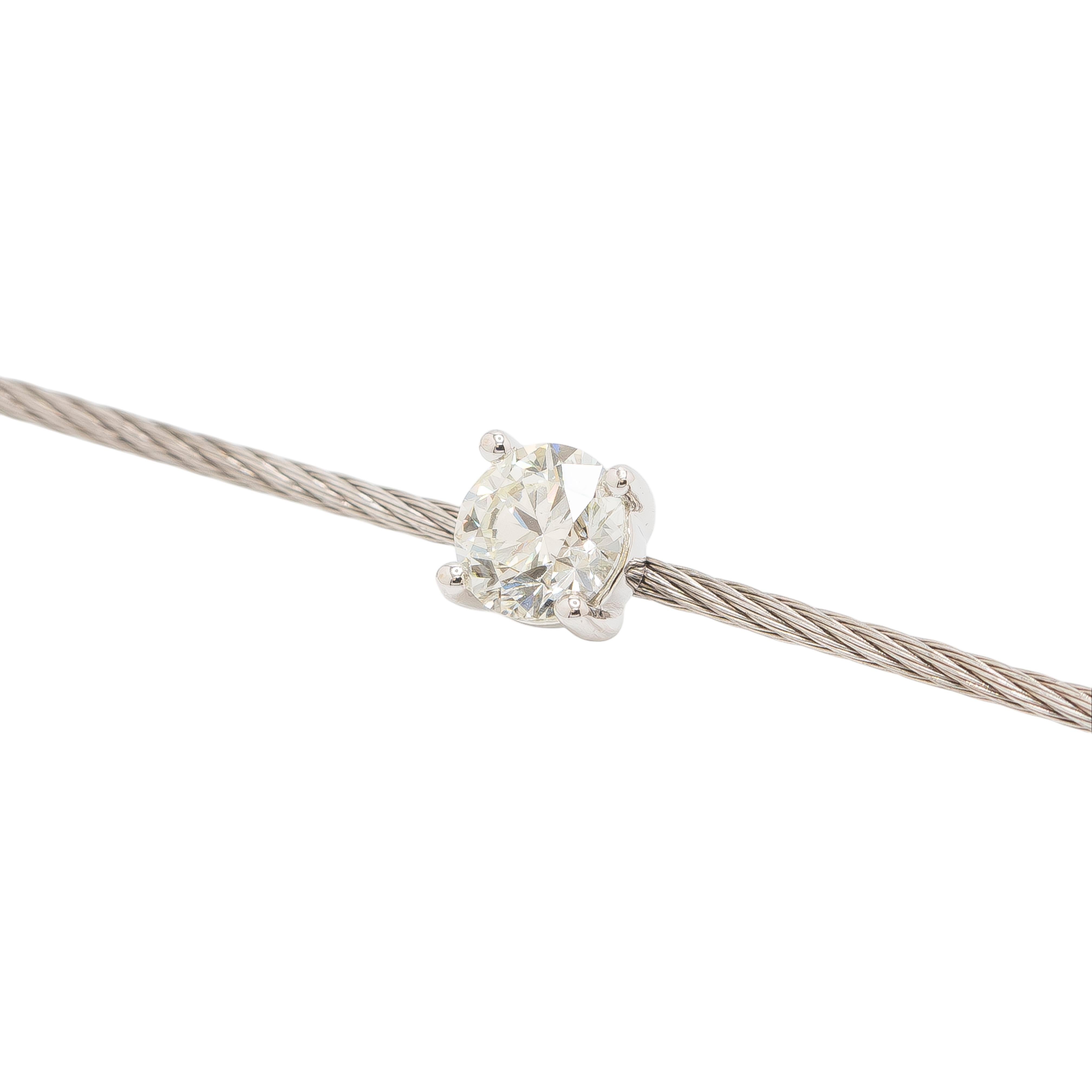 Women's or Men's 14k White Gold and Stainless Steel Cable 7-Stone Diamond Choker Necklace For Sale
