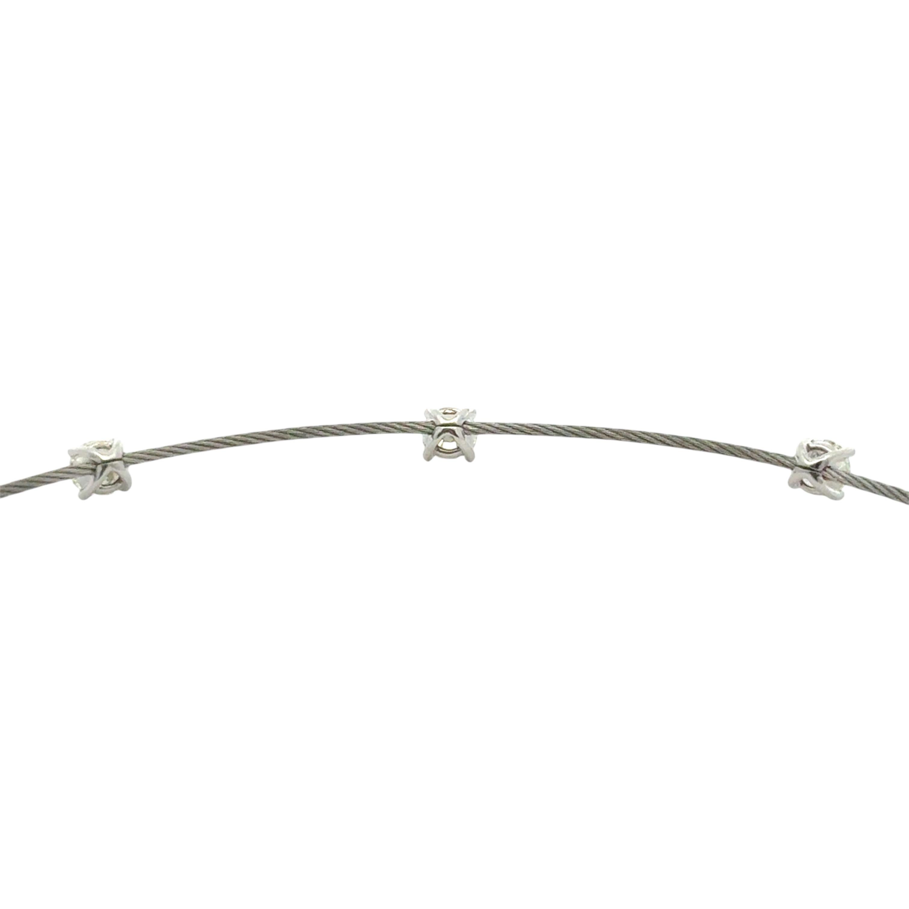 14k White Gold and Stainless Steel Cable 7-Stone Diamond Choker Necklace For Sale 1