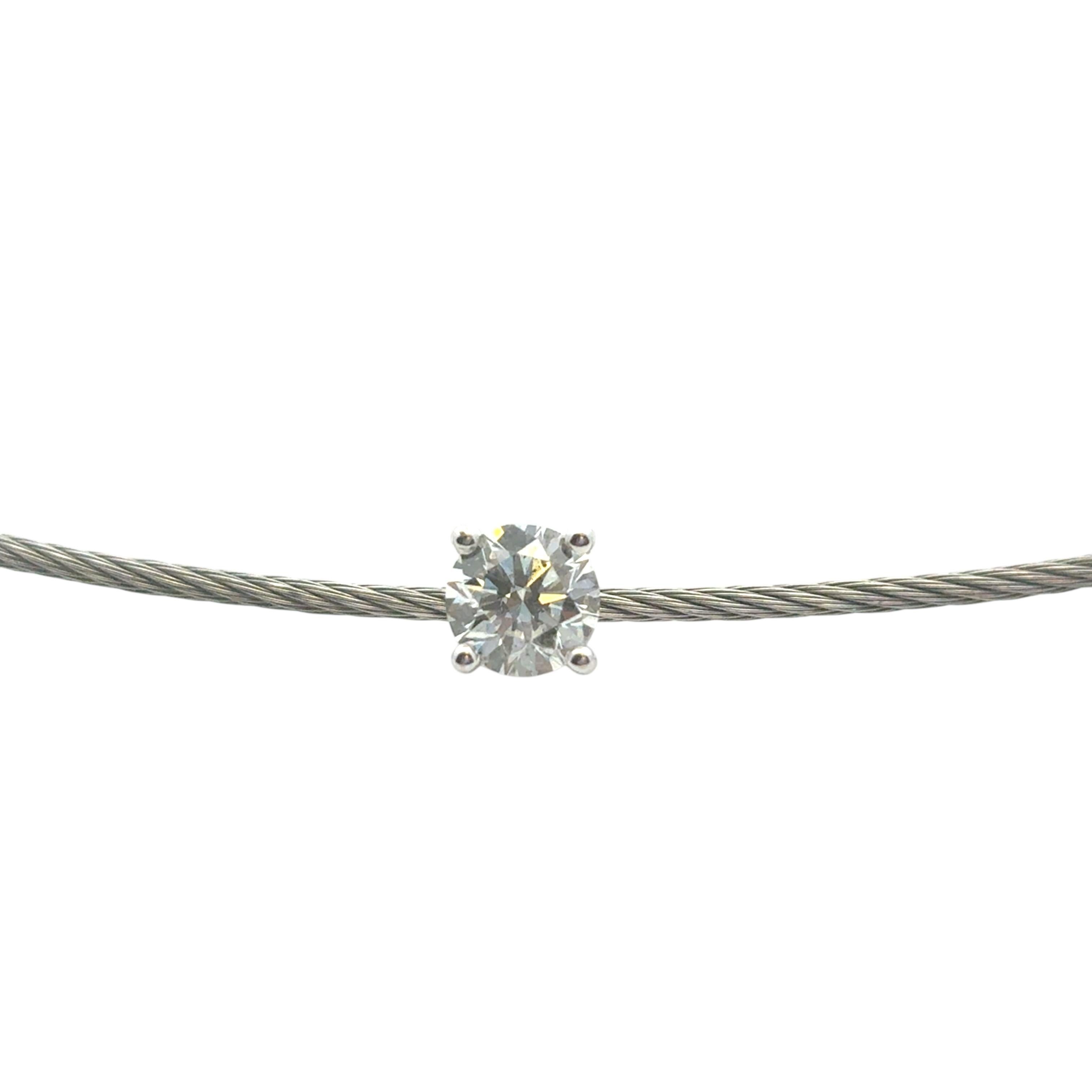 14k White Gold and Stainless Steel Cable 7-Stone Diamond Choker Necklace For Sale 3