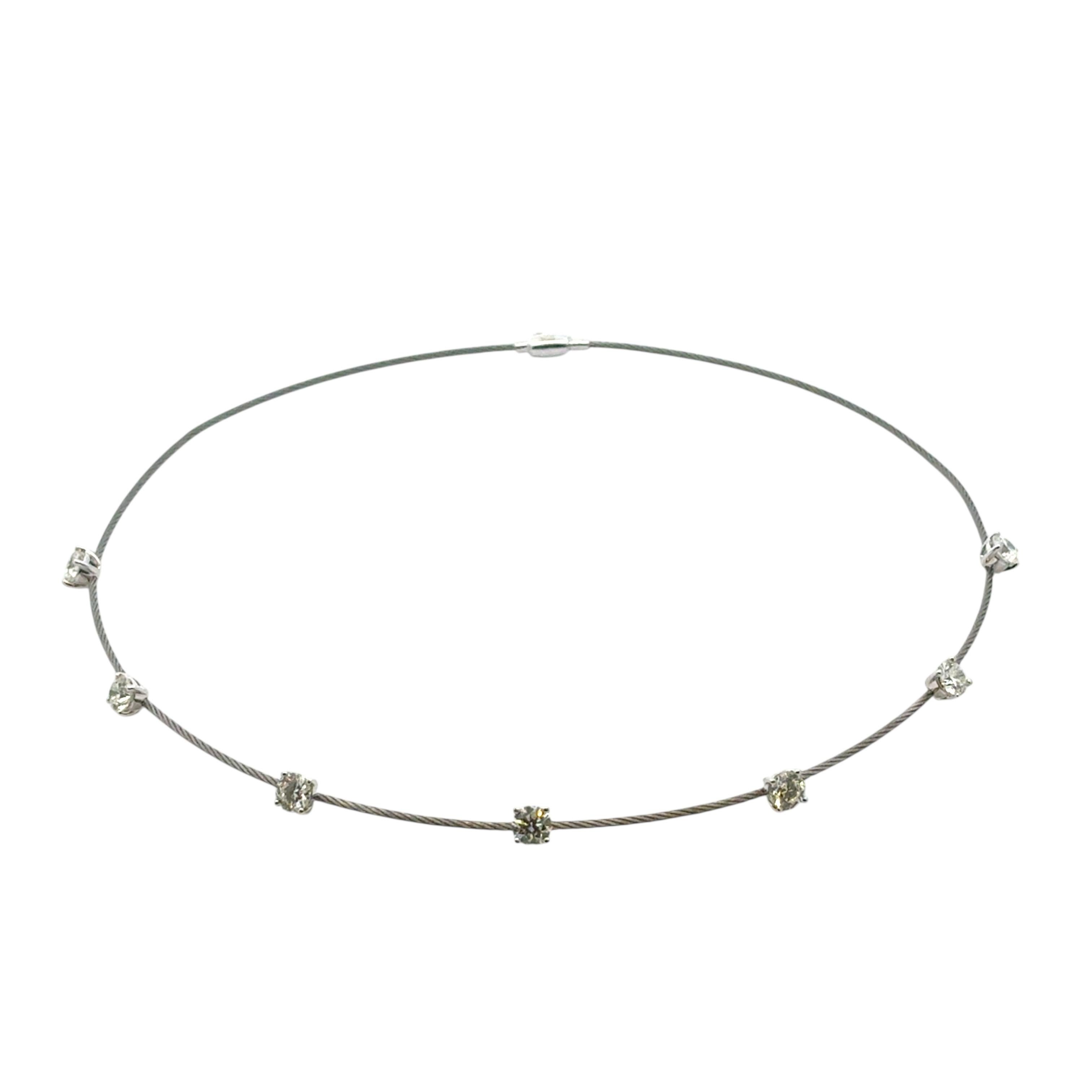 14k White Gold and Stainless Steel Cable 7-Stone Diamond Choker Necklace For Sale 4