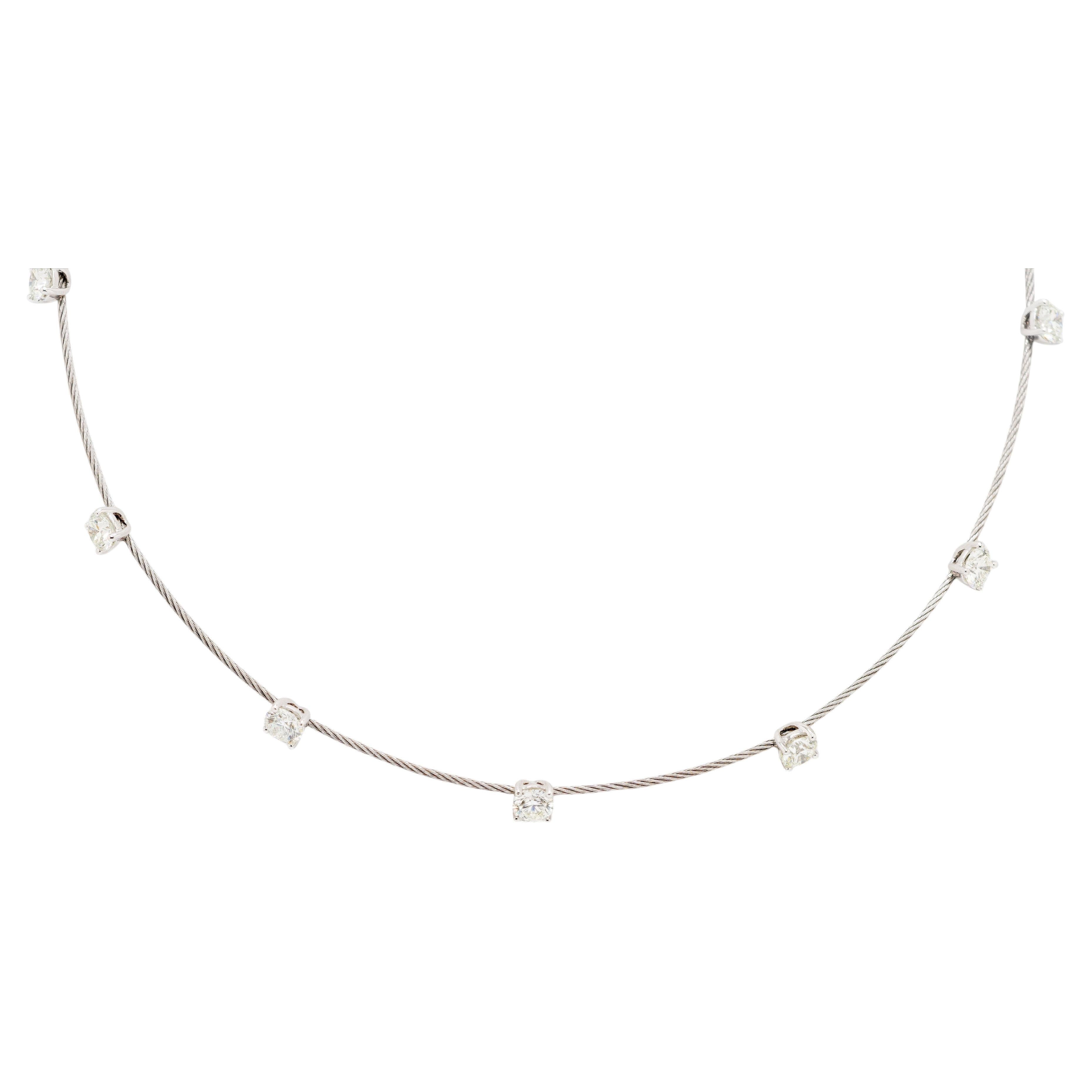 14k White Gold and Stainless Steel Cable 7-Stone Diamond Choker Necklace