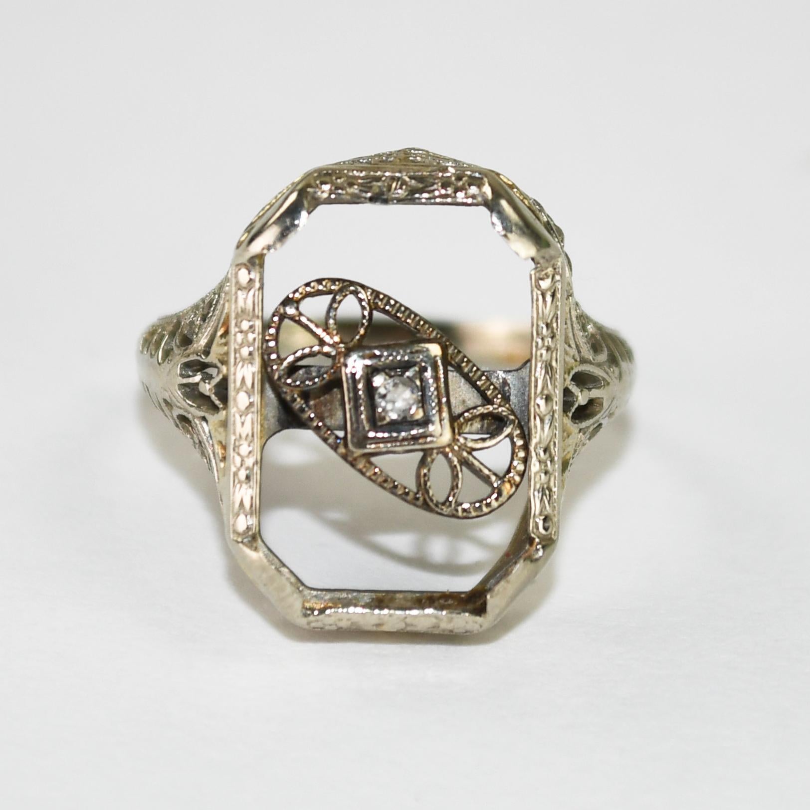 Anillo Art Déco Antiguo Oro Blanco 14K 2,6g en venta 3