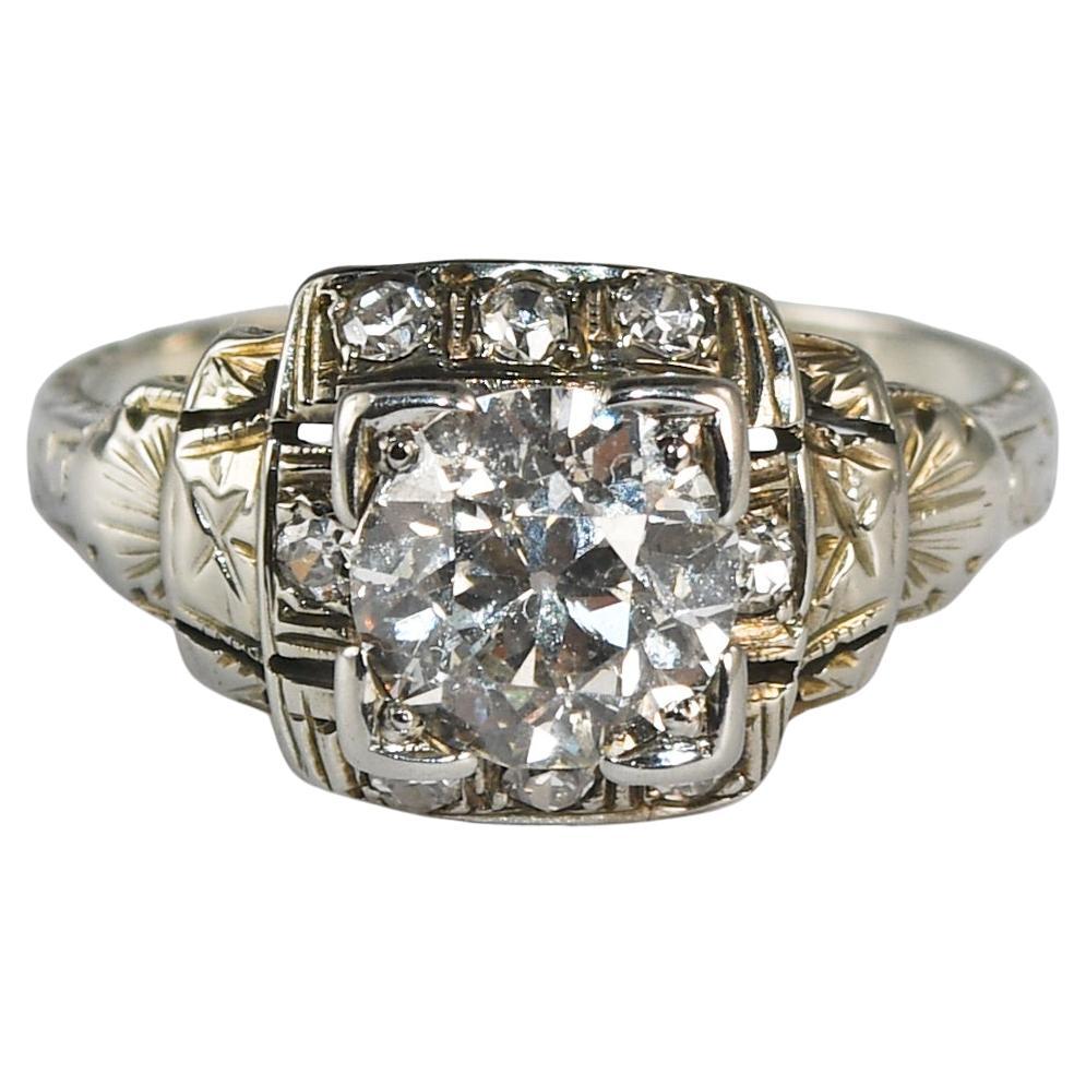 Anillo de diamantes antiguos de oro blanco de 14 quilates 1,20 ct en venta