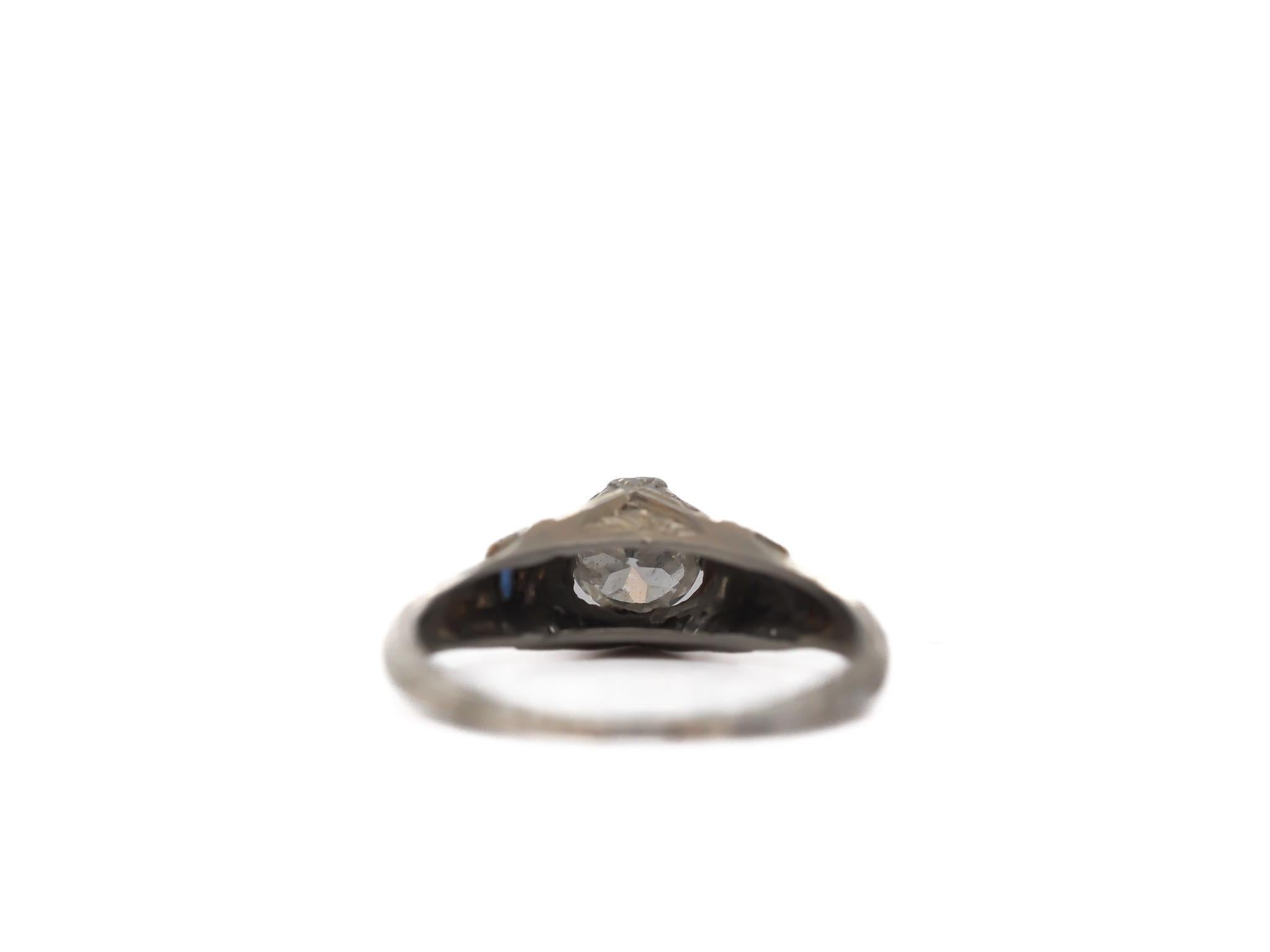 14K White Gold Antique Engagement Ring .70ct Old European Cut Diamond & Sapphire In Good Condition For Sale In Hicksville, NY