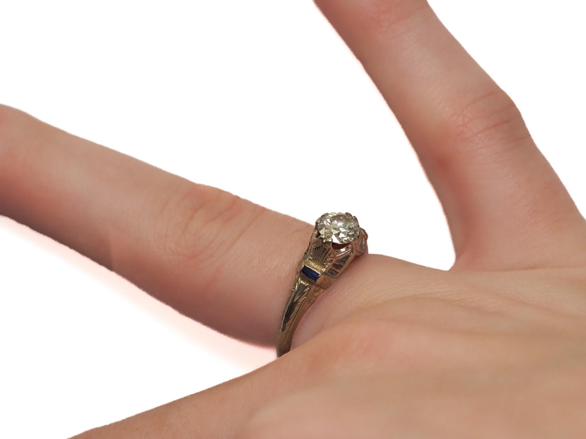 14K White Gold Antique Engagement Ring .70ct Old European Cut Diamond & Sapphire For Sale 4