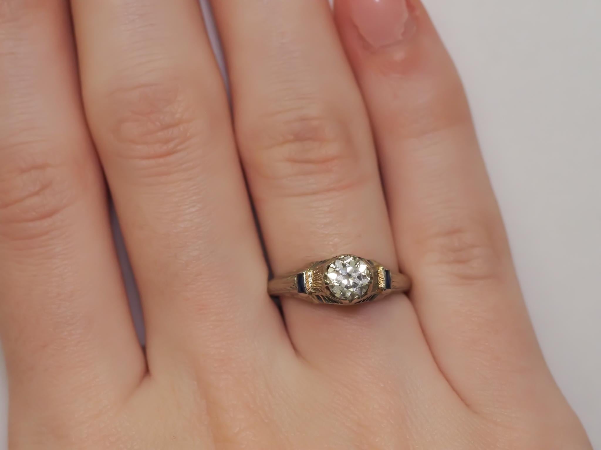 14K White Gold Antique Engagement Ring .70ct Old European Cut Diamond & Sapphire For Sale 5