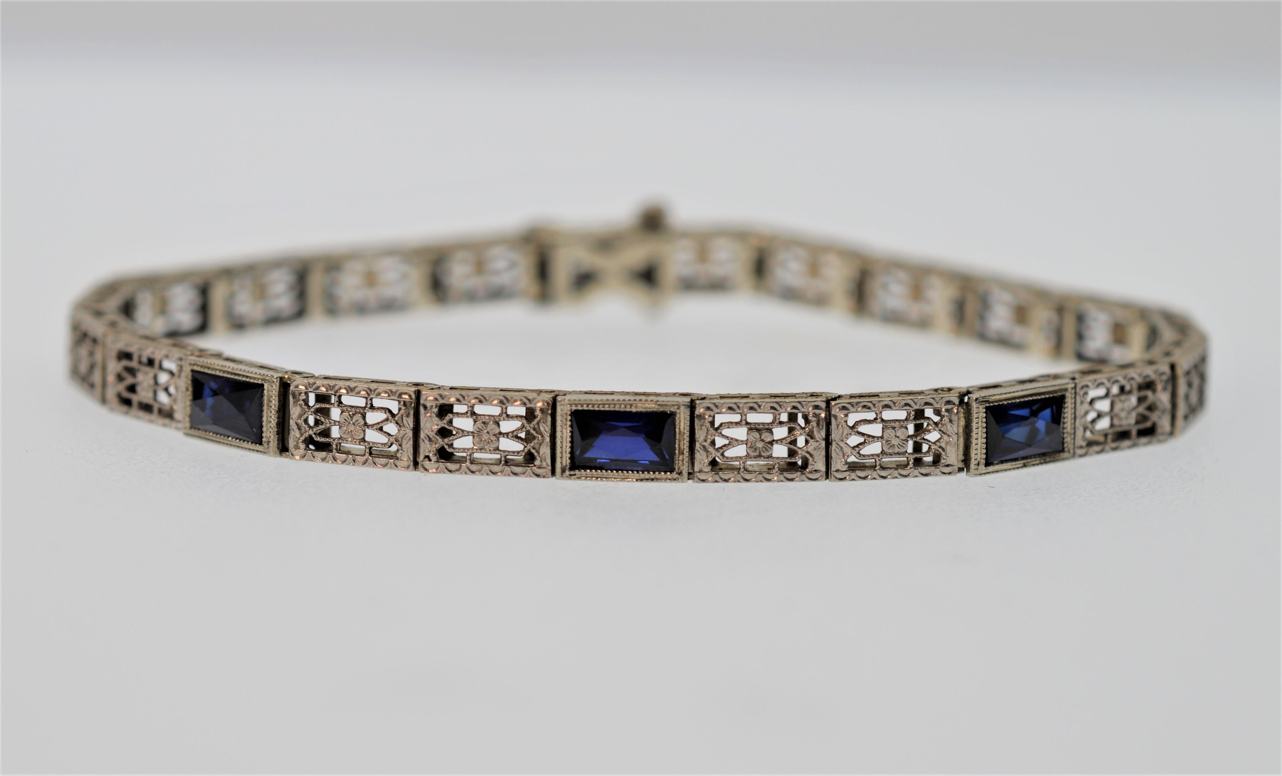 Art Deco 14K White Gold Antique Filigree & Blue Sapphire Bracelet