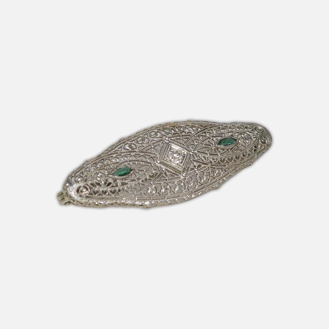 Old European Cut 14K White Gold Antique Filigree Diamond Brooch For Sale
