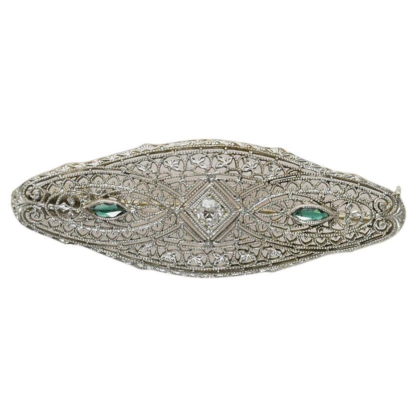 14K White Gold Antique Filigree Diamond Brooch