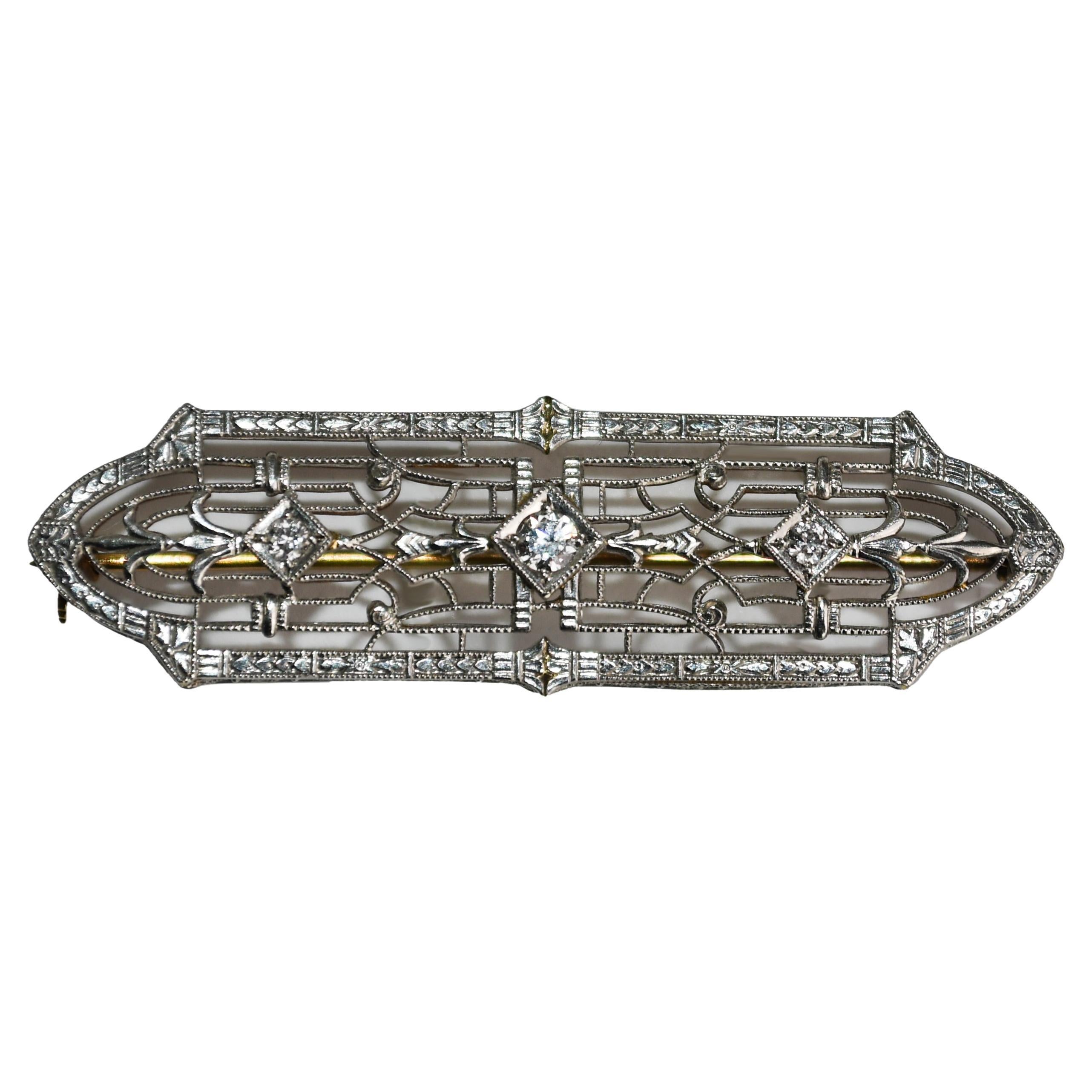14K White Gold Antique Filigree Diamond Brooch