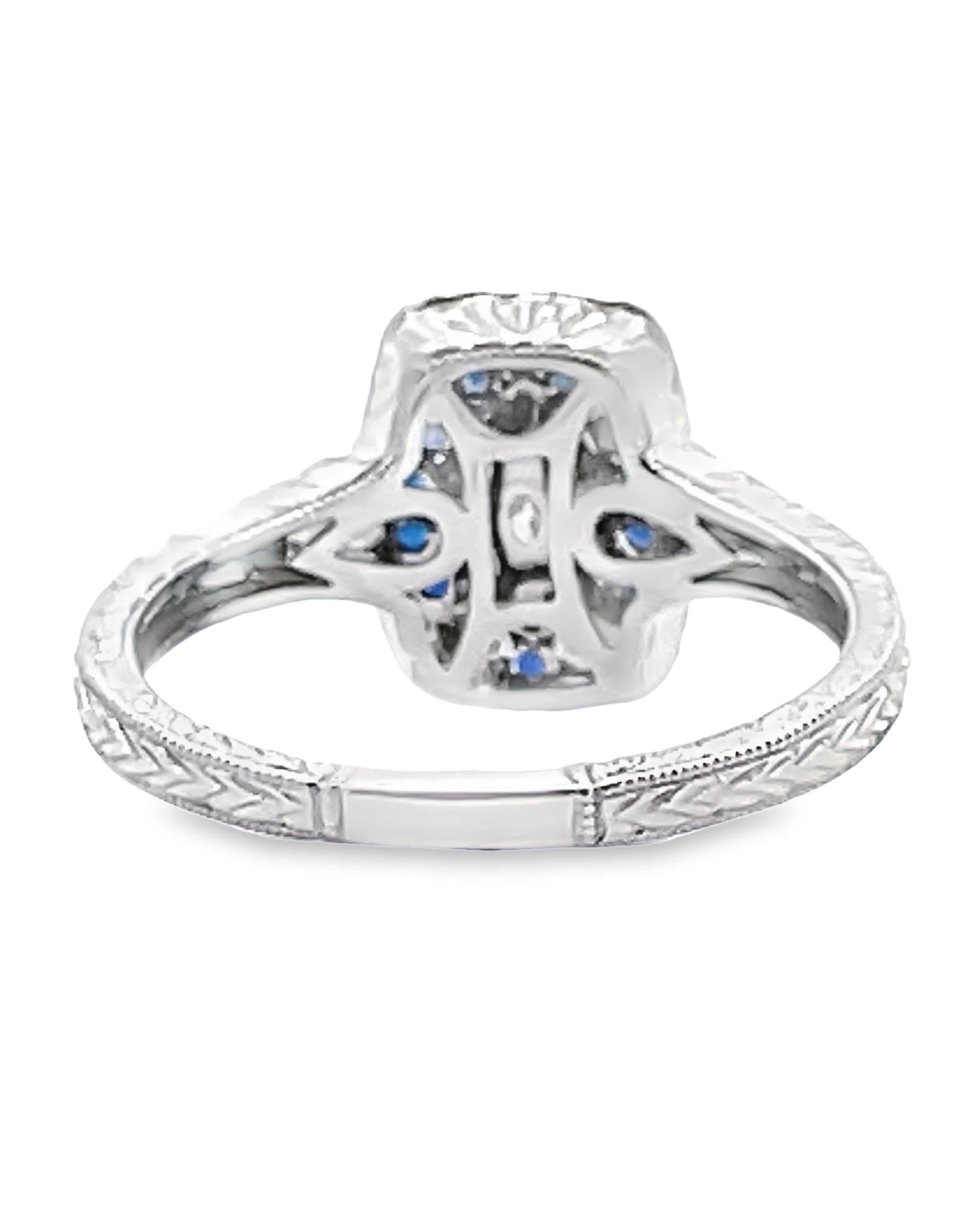 Art Deco 14K White Gold Antique Inspired Ring with Diamond and Sapphire For Sale