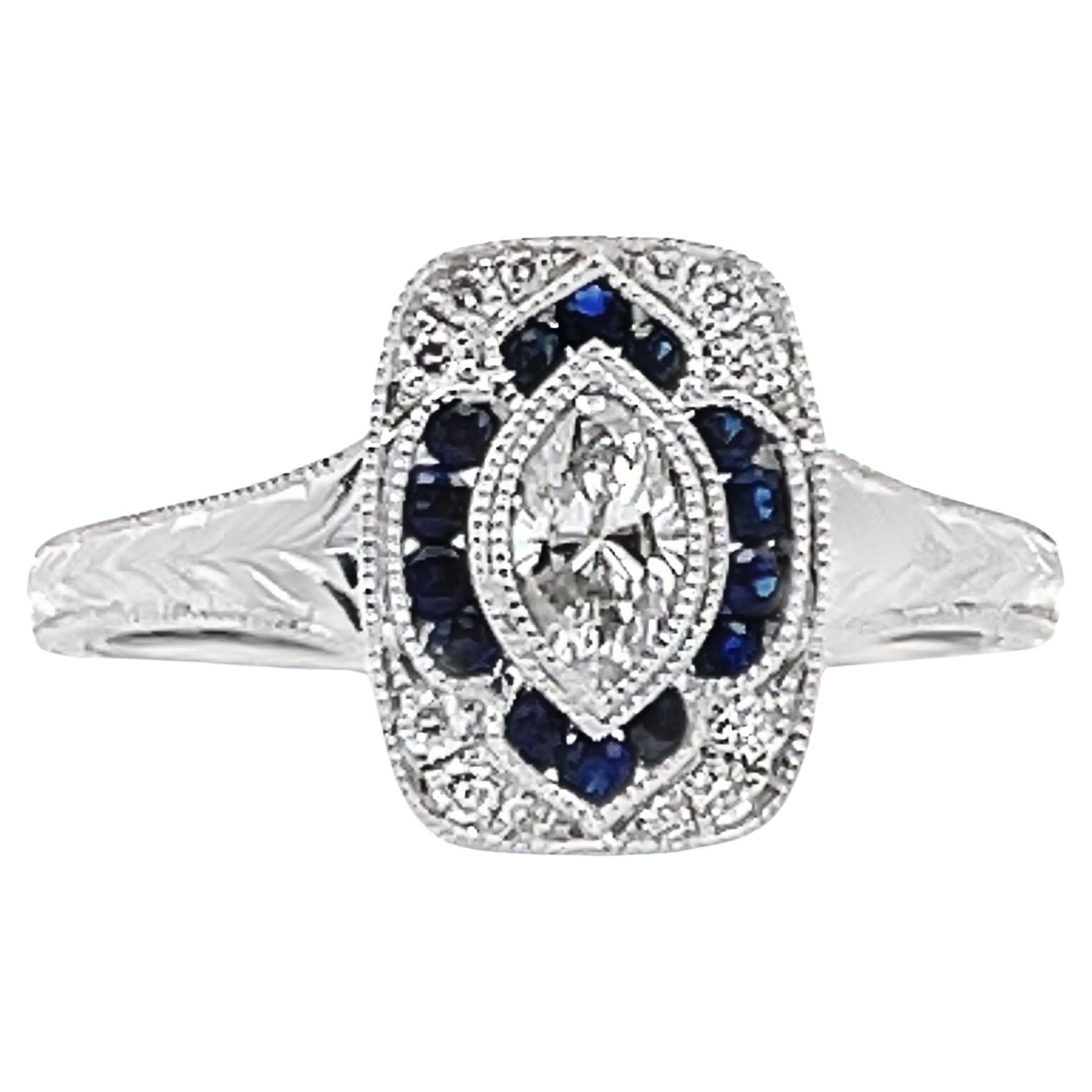 14K White Gold Antique Inspired Ring with Diamond and Sapphire For Sale