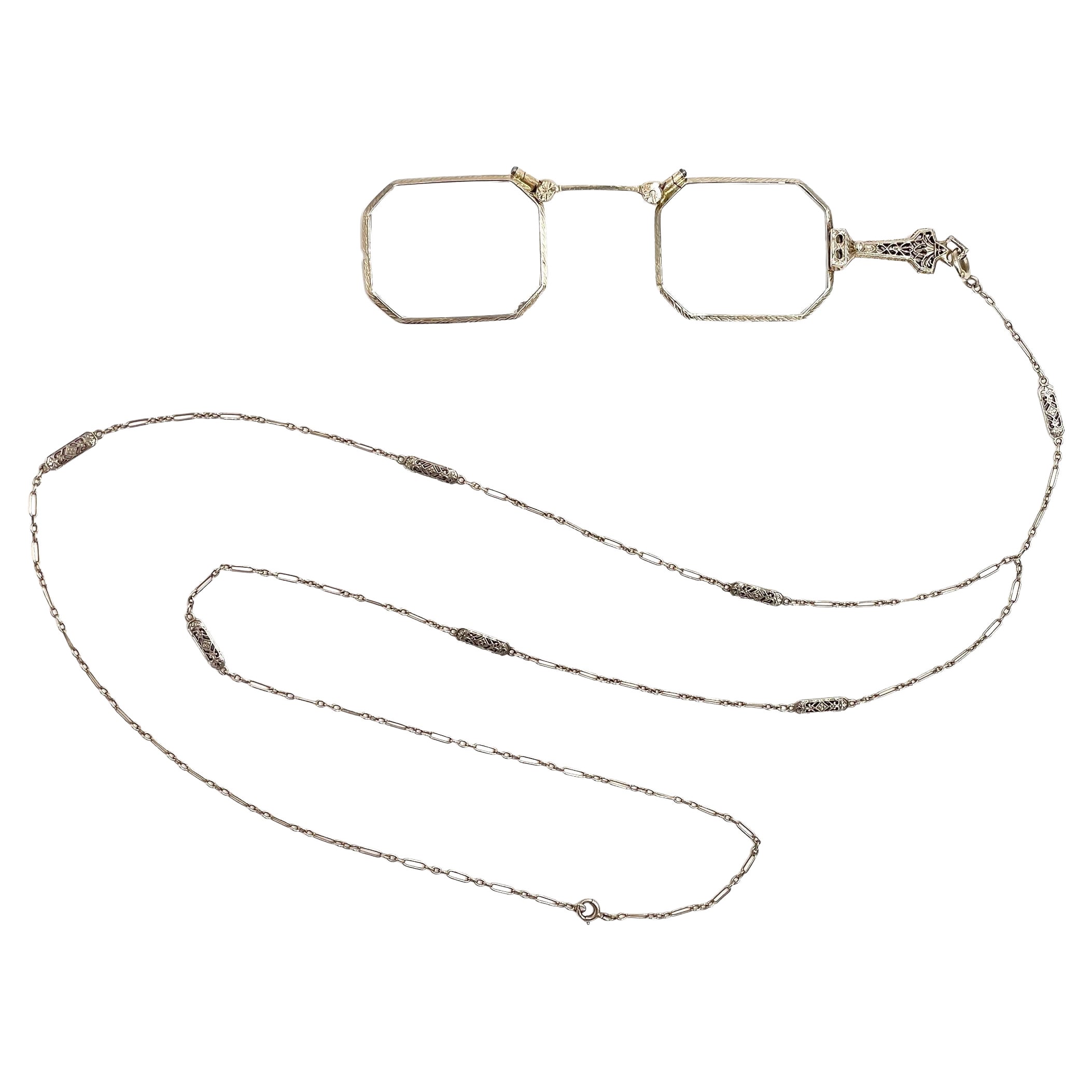 14K White Gold Antique Lorgnette Eye Glasses with Handle and 14K Gold Lariat