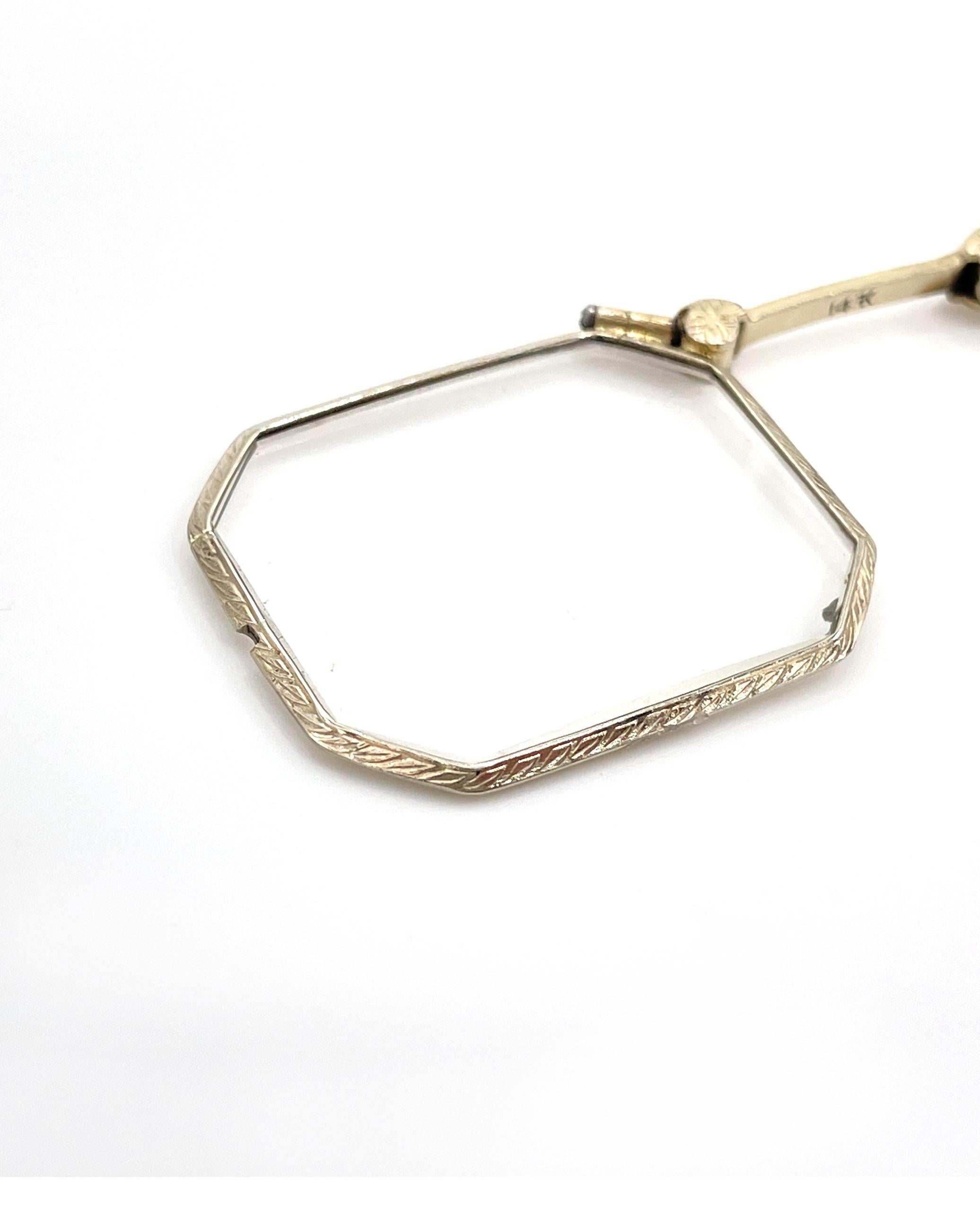 Victorian 14K White Gold Antique Lorgnette Eye Glasses with Handle and 14K Larriate For Sale