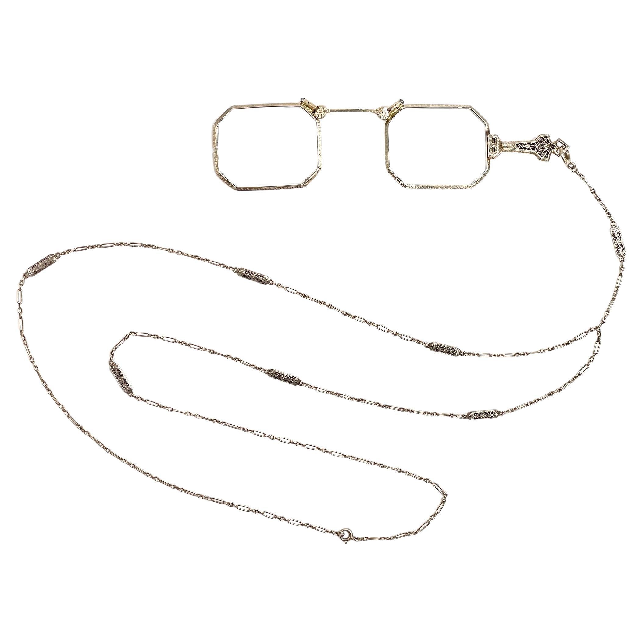 14K White Gold Antique Lorgnette Eye Glasses with Handle and 14K Larriate For Sale