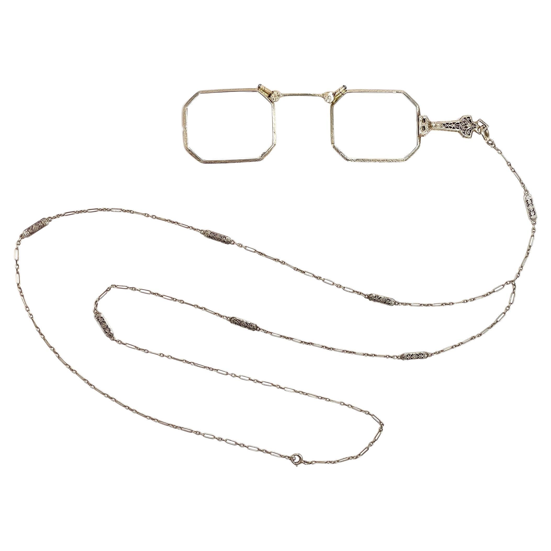Anteojos Lorgnette Antiguos de Oro Blanco de 14 K con Mango y Larriate de 14 K