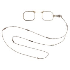 14K White Gold Used Lorgnette Eye Glasses with Handle and 14K Larriate