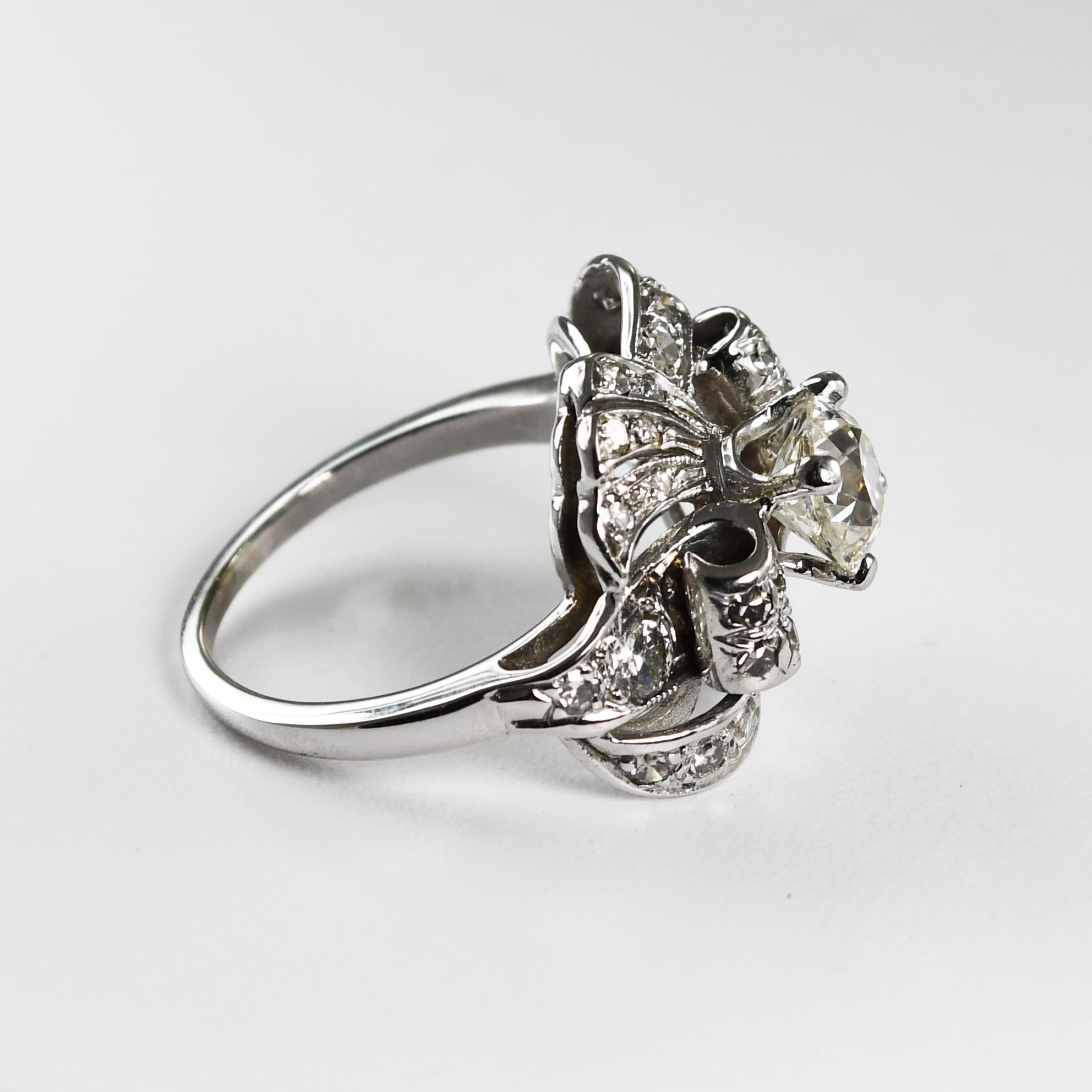 Old European Cut 14K White Gold Antique Old-Euro Cut Diamond Ring 1.12ct For Sale