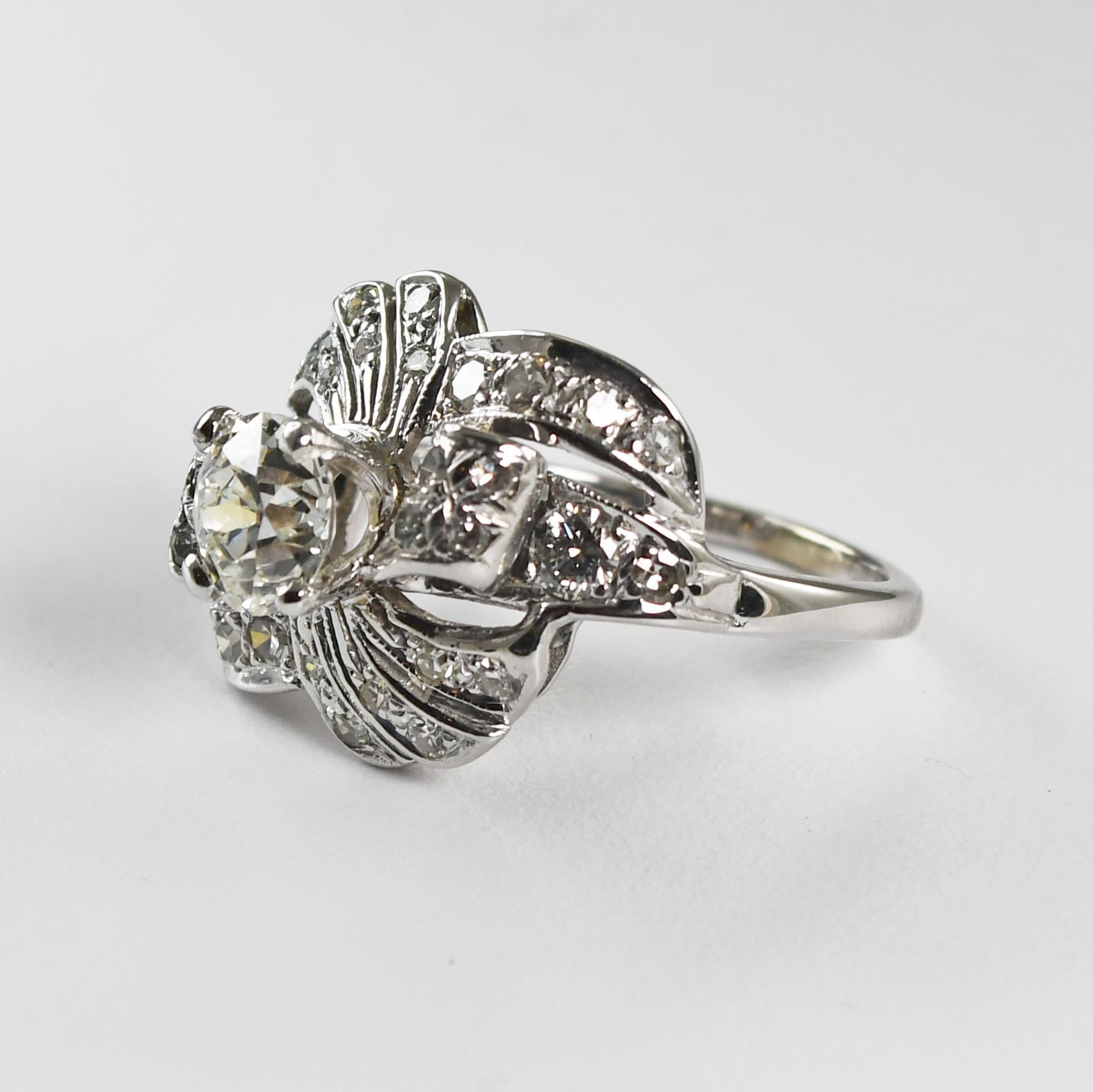 14K White Gold Antique Old-Euro Cut Diamond Ring 1.12ct For Sale 1